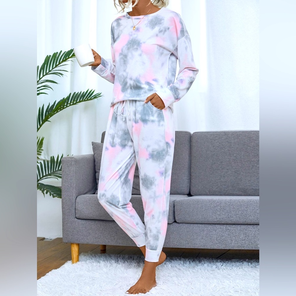Tie Dye Casual Two-piece Set, Long Sleeve Crew Neck T-Shirt & Long Length Pants.